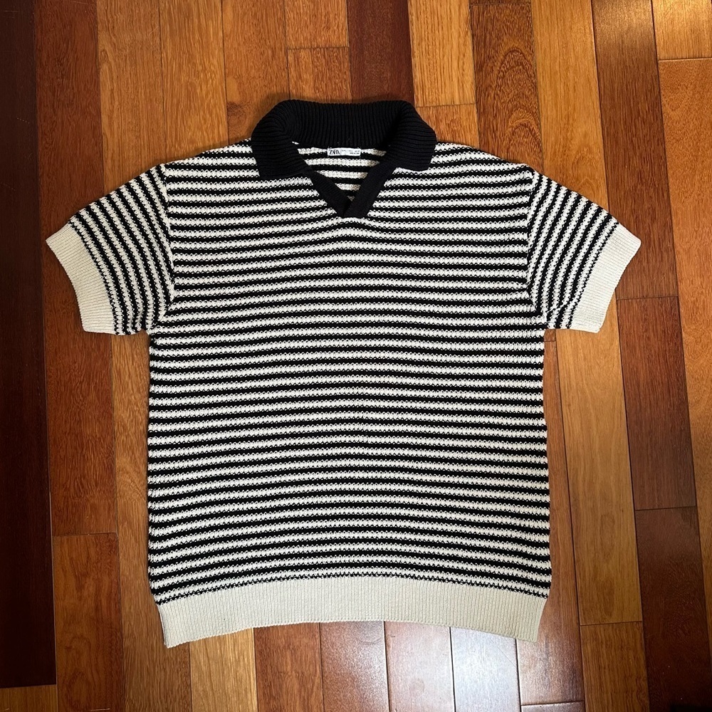 Zara Black and White Striped Knit Polo Top
